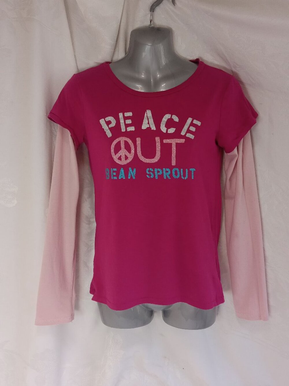 Gap Kids Sz 14/16 XX L Girls Pink Long Sleeve T-Shirt Peace Out Bean Sprout Y2K